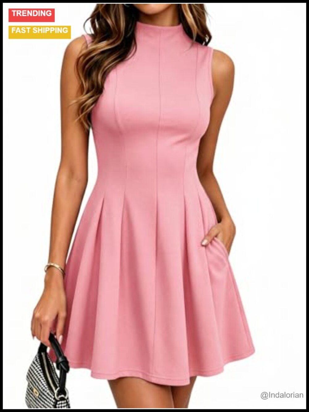 Sleeveless Mock Neck A-Line Mini Dress with Pockets